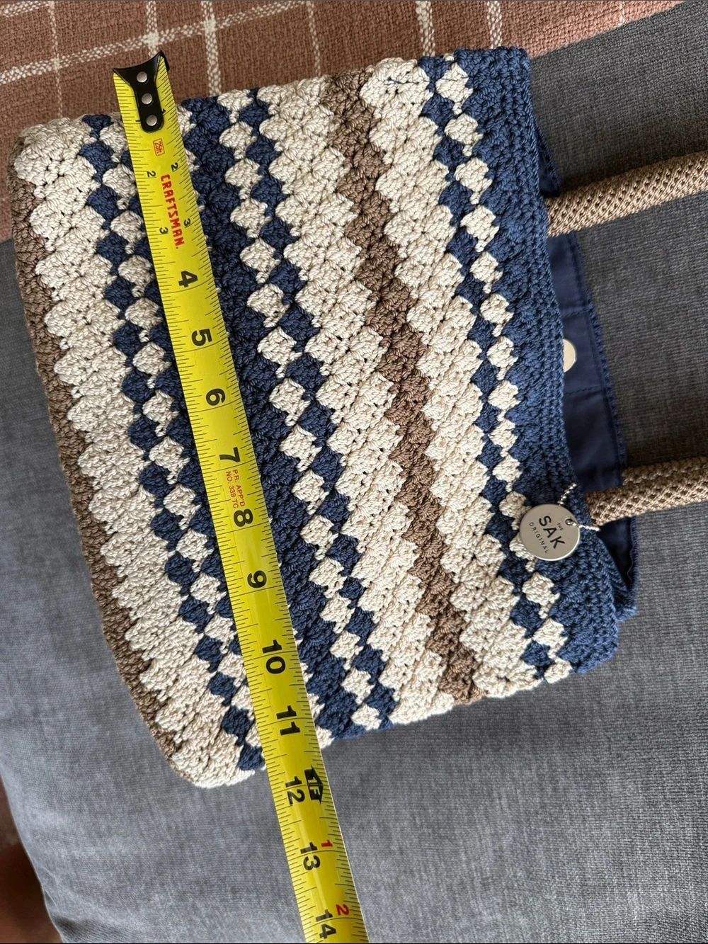 The Sak Crochet Knit Tote in Navy, Cream & Brown with Rope Handles